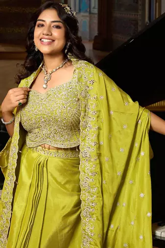 lime green silk blend embroidered  beads mirror work & sequined semi stitched suit