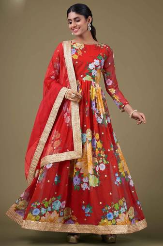 red georgette embroidery print & sequined semi stitched suit