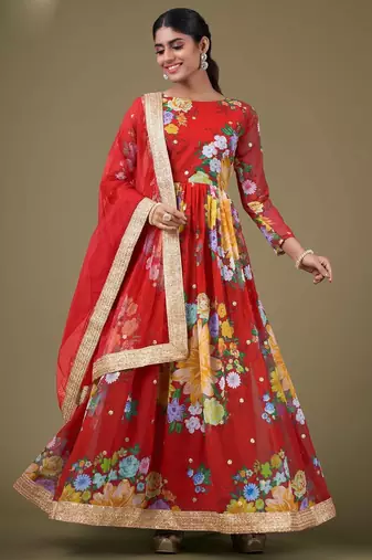 red georgette embroidery print & sequined semi stitched suit