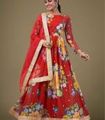 red georgette embroidery print & sequined semi stitched suit
