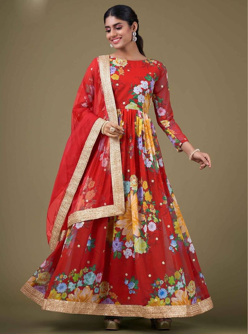 red georgette embroidery print & sequined semi stitched suit
