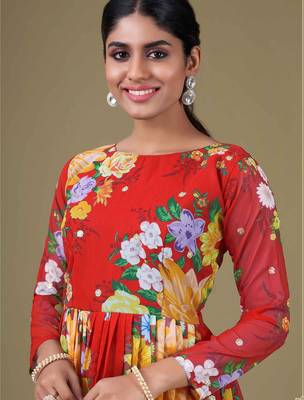 red georgette embroidery print & sequined semi stitched suit 2