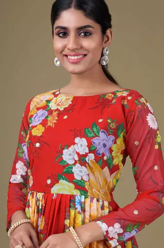 red georgette embroidery print & sequined semi stitched suit