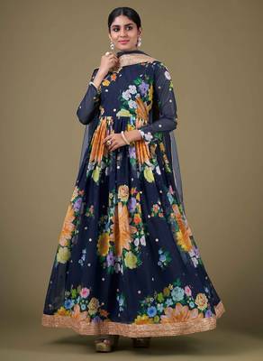 blue georgette embroidery print & sequined semi stitched suit 1
