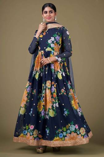 blue georgette embroidery print & sequined semi stitched suit