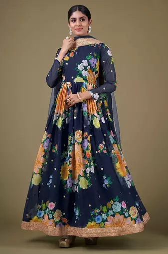 blue georgette embroidery print & sequined semi stitched suit
