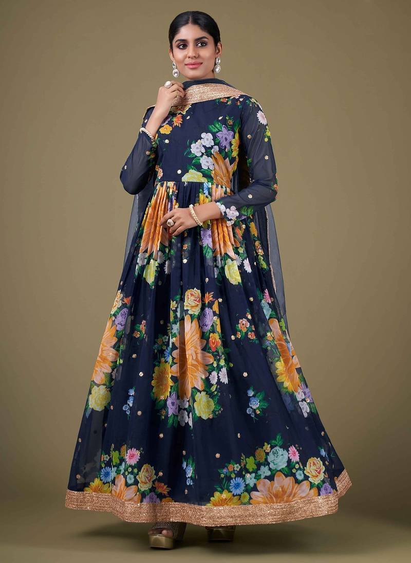 blue georgette embroidery print & sequined semi stitched suit