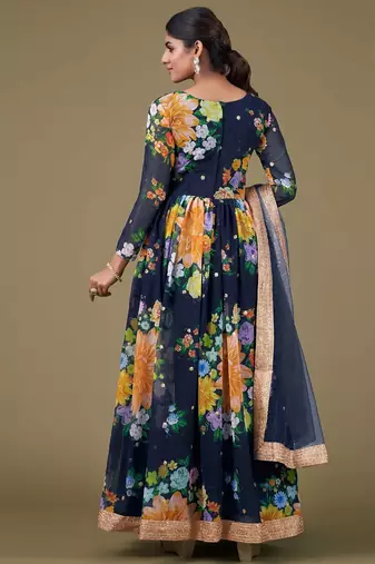 blue georgette embroidery print & sequined semi stitched suit