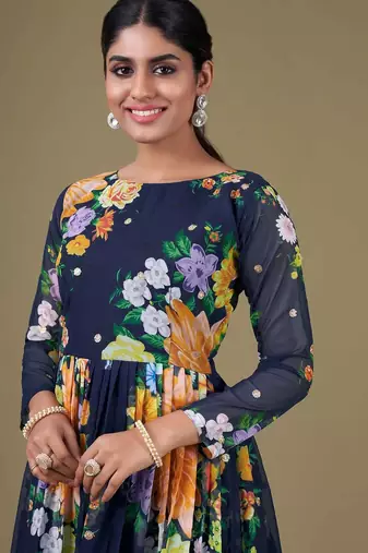 blue georgette embroidery print & sequined semi stitched suit