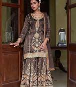 Coffee brown silk blend zari sequins  and embroidery work with floral motifs contrast border. semi stitched suit