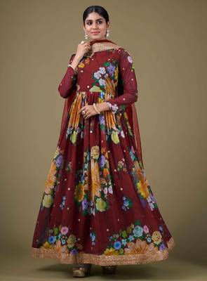 brown georgette embroidery print & sequined semi stitched suit 1