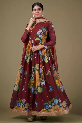 brown georgette embroidery print & sequined semi stitched suit