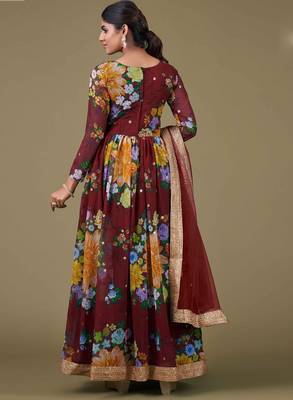 brown georgette embroidery print & sequined semi stitched suit 2