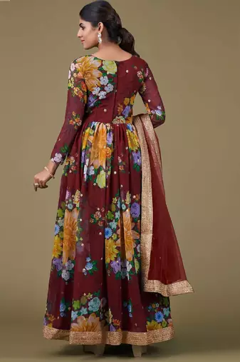 brown georgette embroidery print & sequined semi stitched suit