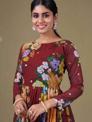 brown georgette embroidery print & sequined semi stitched suit 3