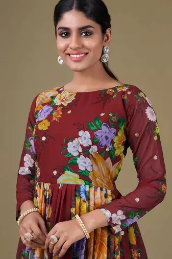 brown georgette embroidery print & sequined semi stitched suit