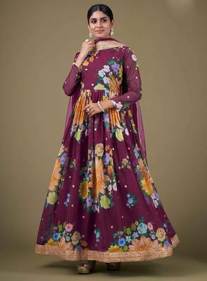 purple georgette embroidery print & sequined semi stitched suit 1
