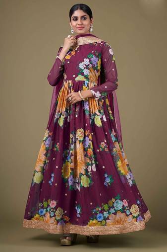 purple georgette embroidery print & sequined semi stitched suit