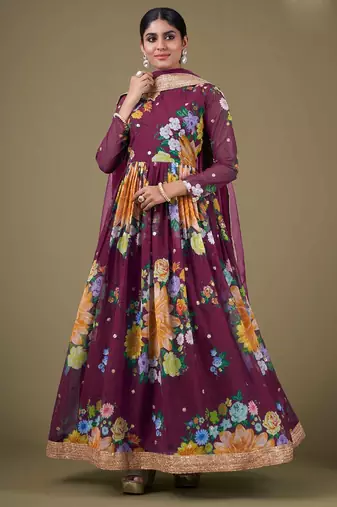 purple georgette embroidery print & sequined semi stitched suit