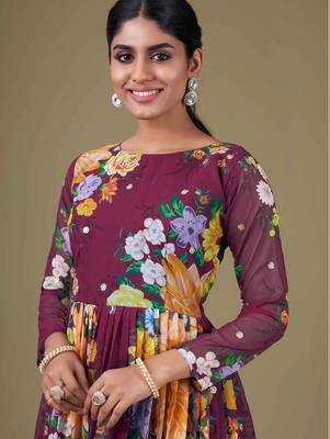 purple georgette embroidery print & sequined semi stitched suit 2