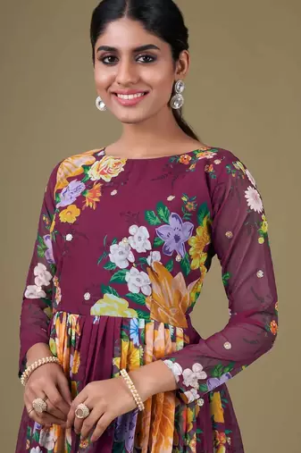 purple georgette embroidery print & sequined semi stitched suit