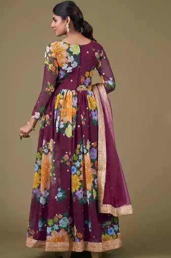 purple georgette embroidery print & sequined semi stitched suit