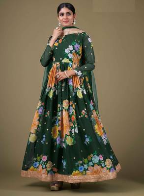 green georgette embroidery print & sequined semi stitched suit 1