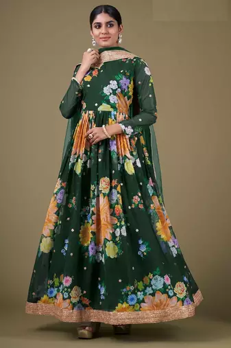 green georgette embroidery print & sequined semi stitched suit