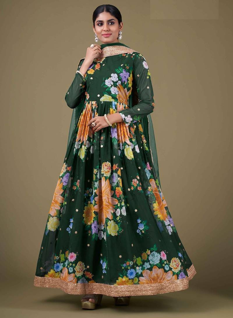 green georgette embroidery print & sequined semi stitched suit