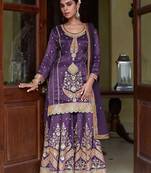 Deep purple silk blend zari sequins  and embroidery work with floral motifs contrast border. semi stitched suit