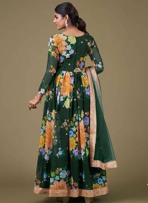 green georgette embroidery print & sequined semi stitched suit 2