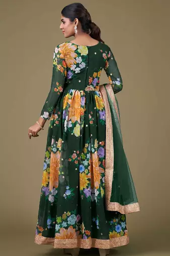 green georgette embroidery print & sequined semi stitched suit