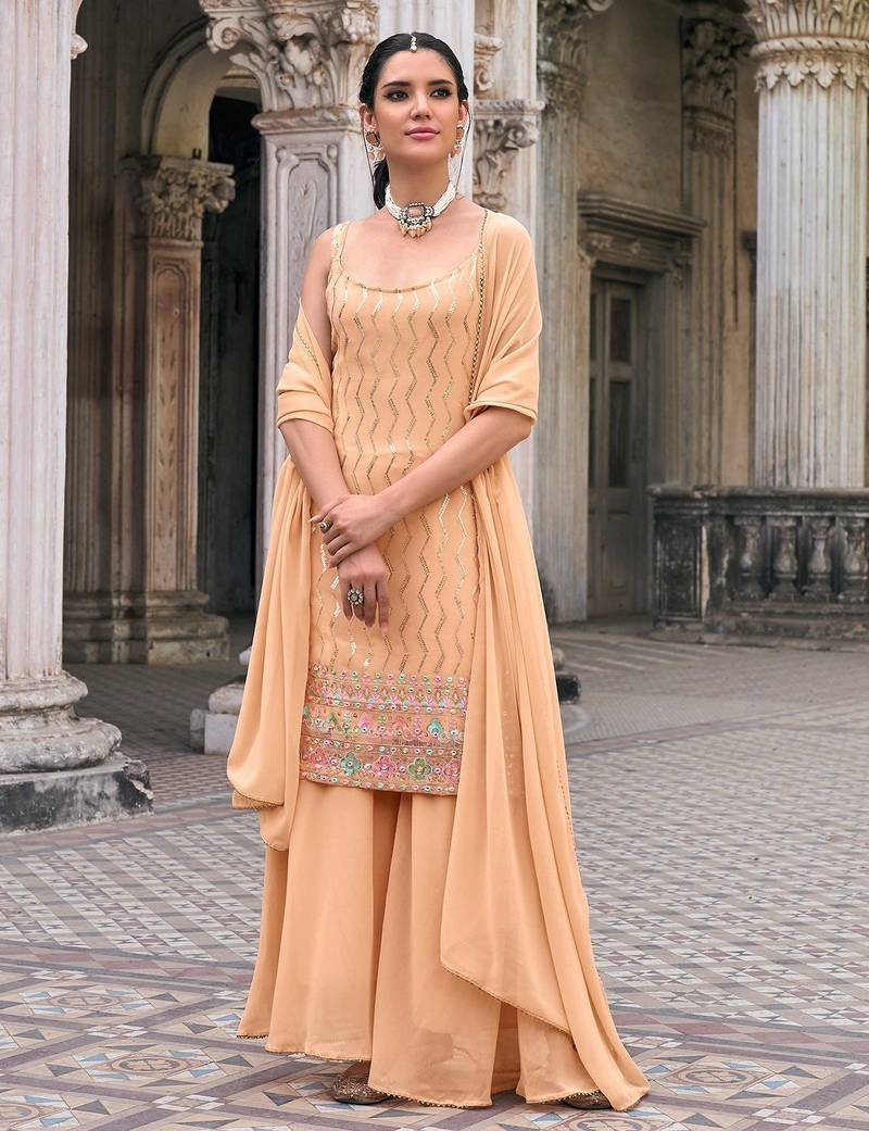 peach georgette embroidery & sequined semi stitched suit