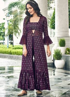 purple georgette embroidered & sequined semi stitched suit 1