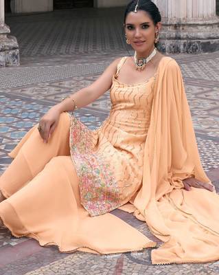 peach georgette embroidery & sequined semi stitched suit 2
