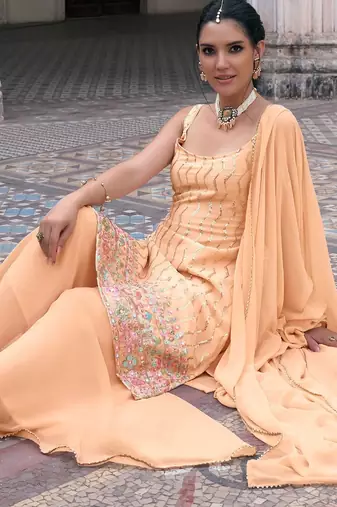 peach georgette embroidery & sequined semi stitched suit