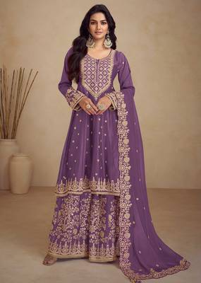 purple chiffon embroidery & sequined semi stitched suit 1