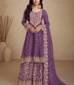 purple chiffon embroidery & sequined semi stitched suit