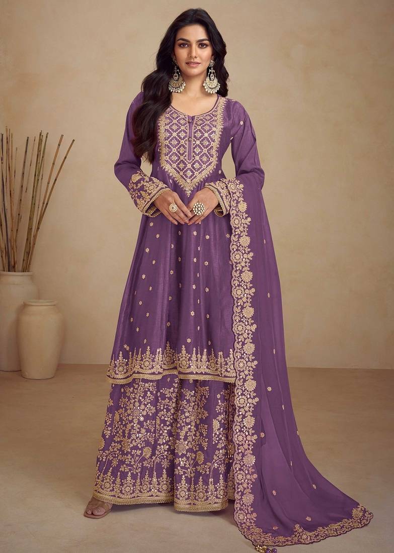purple chiffon embroidery & sequined semi stitched suit
