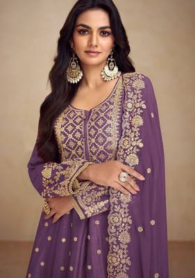 purple chiffon embroidery & sequined semi stitched suit 2