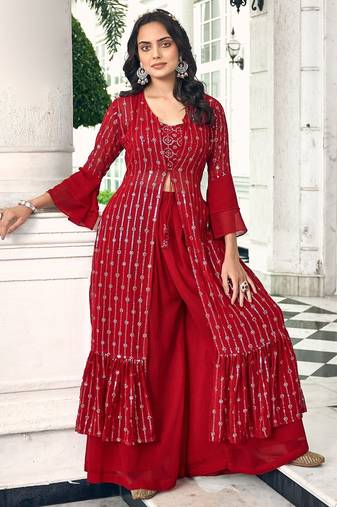 red georgette embroidered & sequined semi stitched suit