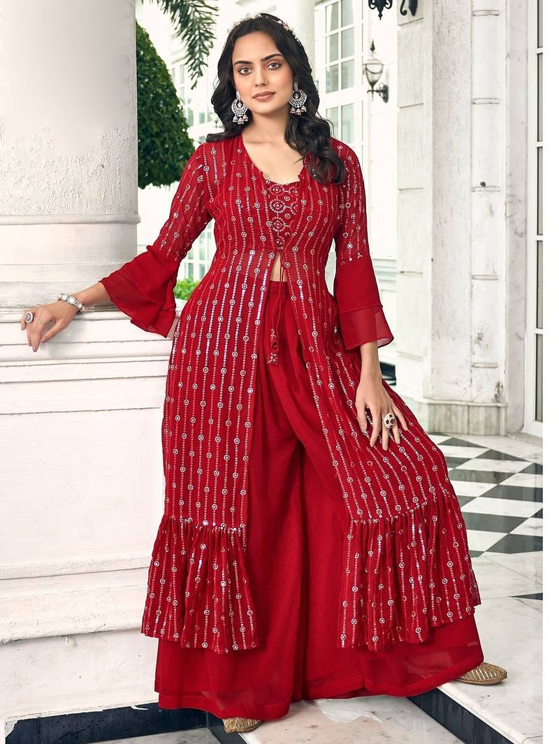 red georgette embroidered & sequined semi stitched suit