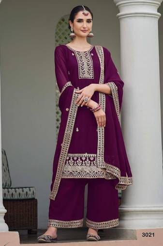 wine georgette embroidery & sequined semi stitched suit