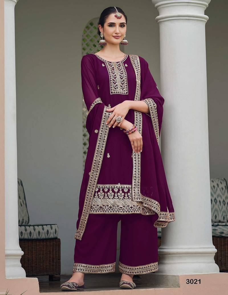 wine georgette embroidery & sequined semi stitched suit