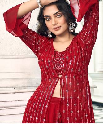 red georgette embroidered & sequined semi stitched suit 2