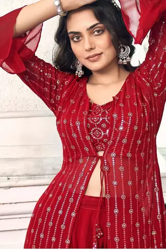 red georgette embroidered & sequined semi stitched suit