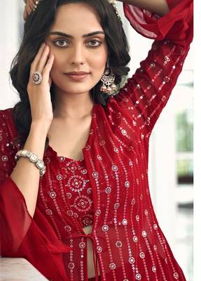 red georgette embroidered & sequined semi stitched suit 3