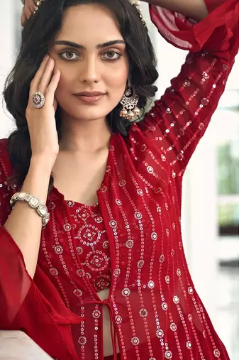 red georgette embroidered & sequined semi stitched suit