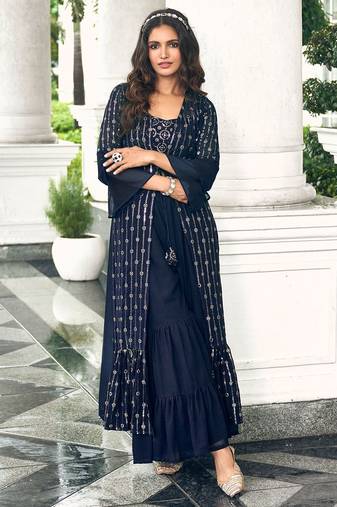 blue georgette embroidered & sequined semi stitched suit