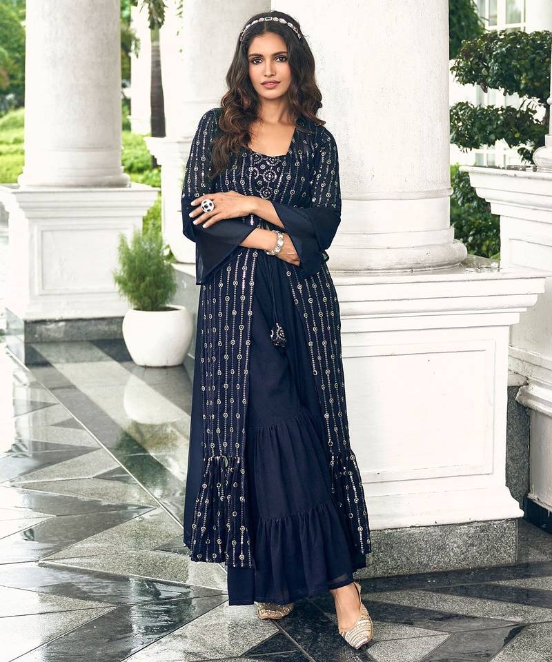 blue georgette embroidered & sequined semi stitched suit